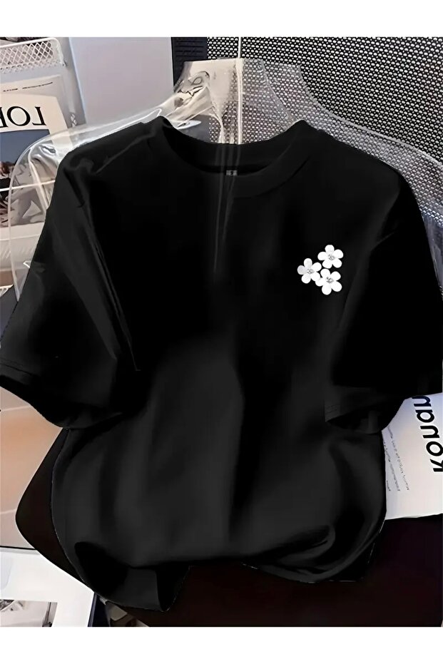 White Flowers Printed Oversize Circular Neck T-Shirt