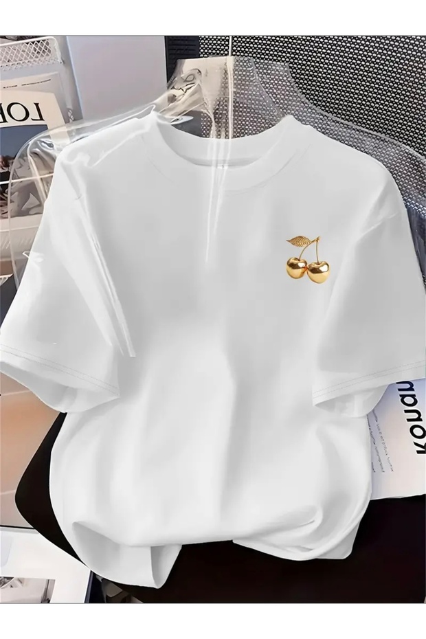 Gold Cherry Printed Oversized Circular Neck T-Shirt