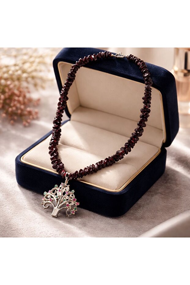Garnet (Lal) Stone Tree of Life Figured Necklace – String Necklace with Natural Stone End
