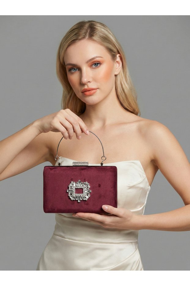 Burgundy Luxury Suede Crystal Stone Metal Handle Chain Women's Evening Dress Bag Wedding Engagement Graduation