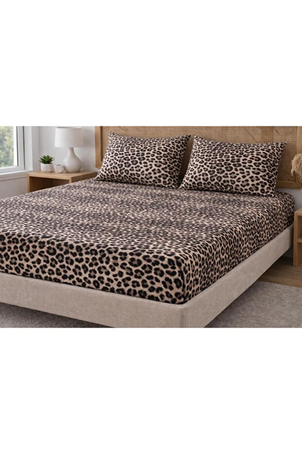 Double Ranforce Fabric Leopard Pattern Elastic Sheet Set – Breathable Soft Texture - 2