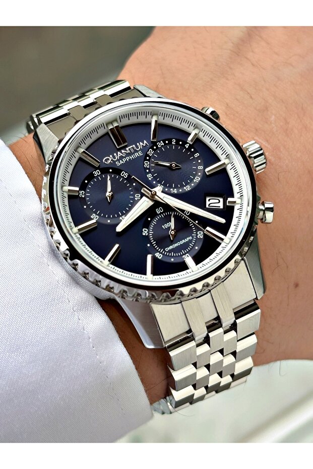 Functional Silver-Navy Blue Color Sapphire Glass Steel Band Steel Case Men's Wristwatch 1204Mr