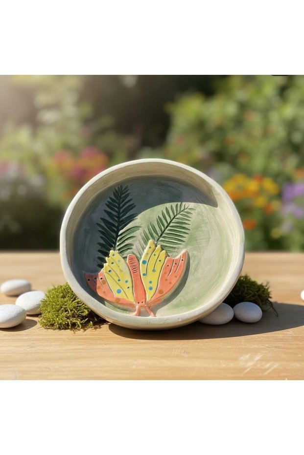 Handmade Ceramic - Decorative Tile Plate with Embossed Butterfly and Leaf Pattern - Boho Home Decor