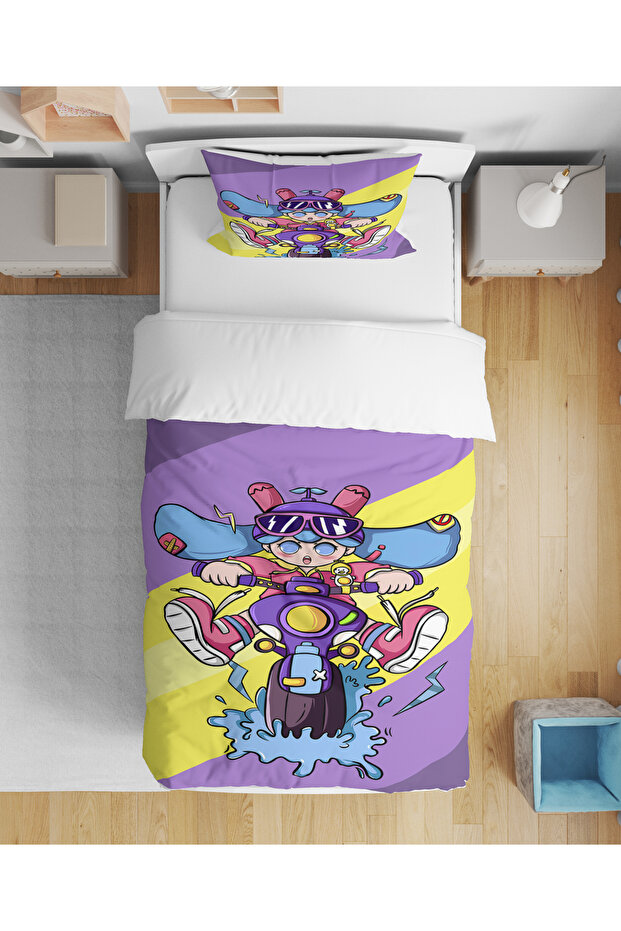Motorcycle Girl Patterned 3D Digital Printed Single Size Sheetless Girl's Duvet Cover Set