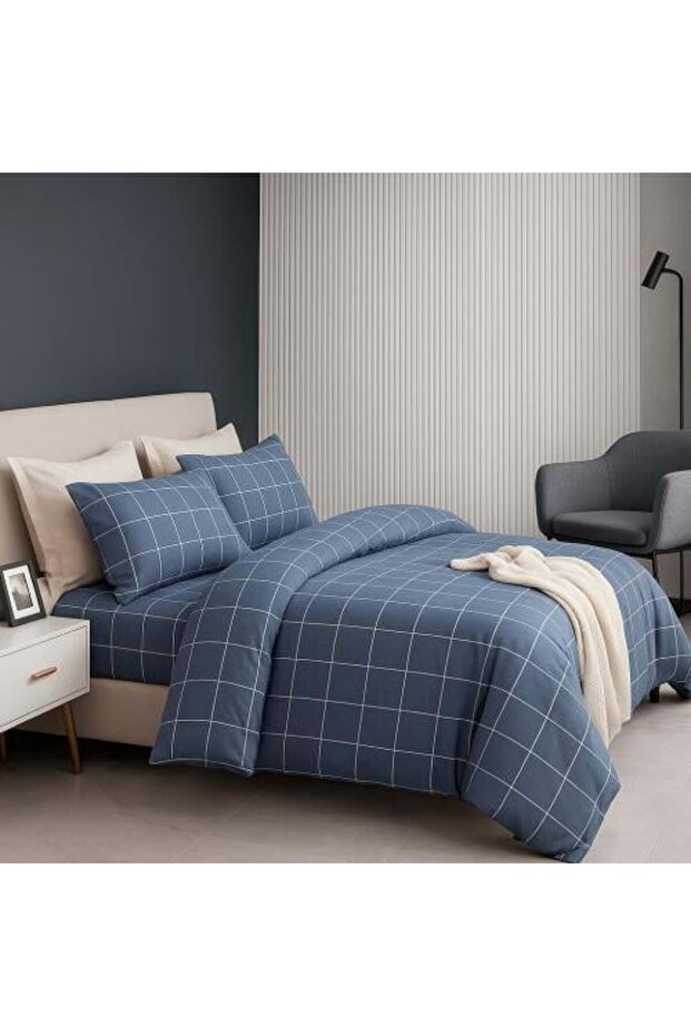طقم سرير من 4 قطع بنقشة مربعات زرقاء داكنة - 1