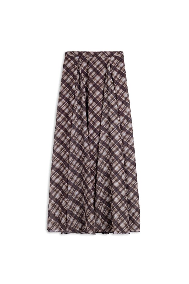 Plaid patterned chiffon skirt brown