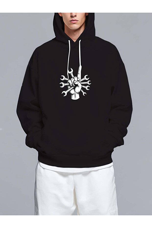 Hand with wrenches making sign - Men's Printed Hooded Oversize Sweatshirt
