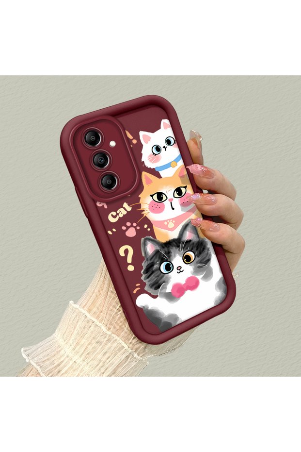 Samsung Galaxy A14 Compatible Silicone Material Shockproof Burgundy Color Case Sweet Cat