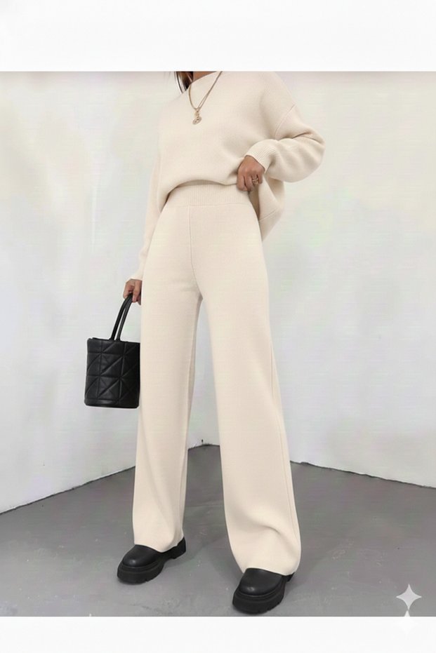 Women's Winter Relaxed Fit Wide-Leg Elastic Waist Knit Pants, Standard Size, Fits S-M-L