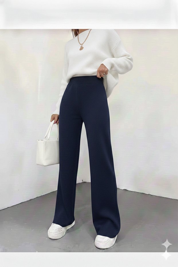Women's Winter Relaxed Fit Wide-Leg Elastic Waist Knit Pants, Standard Size, Fits S-M-L