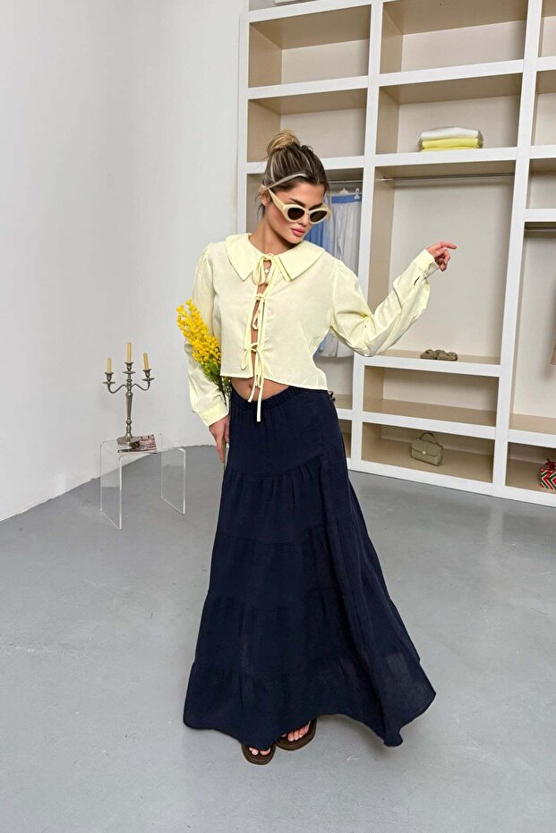 Women's Elastic Waist 100% Cotton Long Skirt Navy Blue - 5017