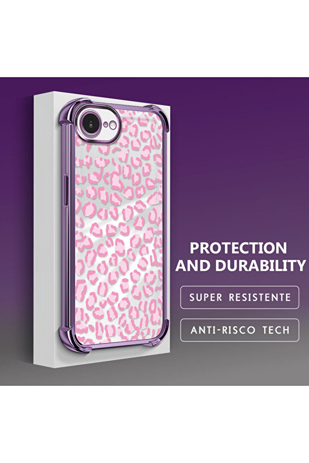 iPhone 16E Compatible Transparent Four-Corner Silicone Coated Glossy Edge Case Leopard Pattern - 3