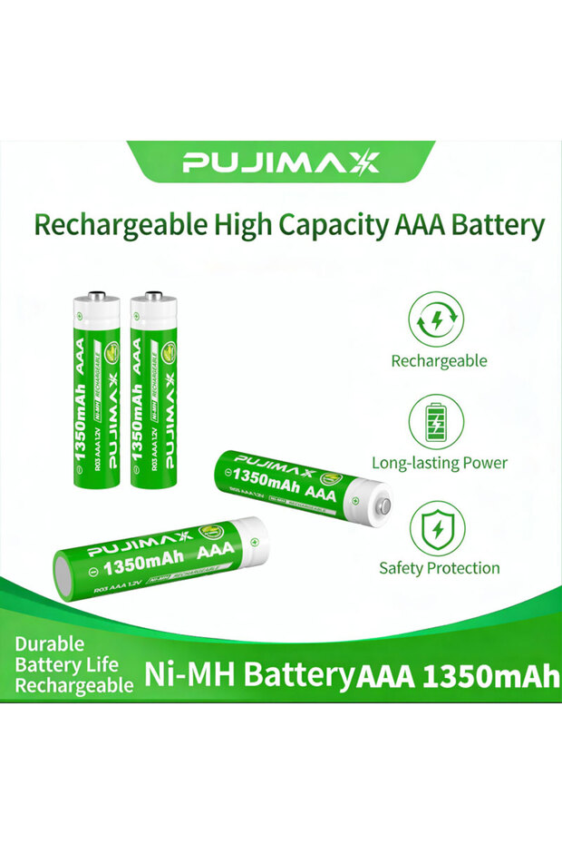 4 pcs AAA 1.2V rechargeable Ni-Mh batteries, with a high capacity of 1350mAh.