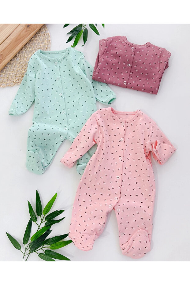Tiny Roses Patterned, Full-Length, Snap-Buttoned, Footed Transitional Piece Romper Set - 1