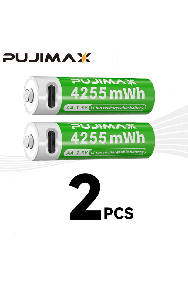 2 pcs AA rechargeable LI-ION batteries, compatible with TYPE-C data cable for charging.