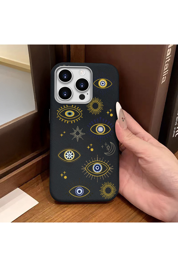 iPhone 15 Pro Max Compatible Black Leather Textured Silicone Protects Camera Shock-Absorbing Case Evil Eye Bead