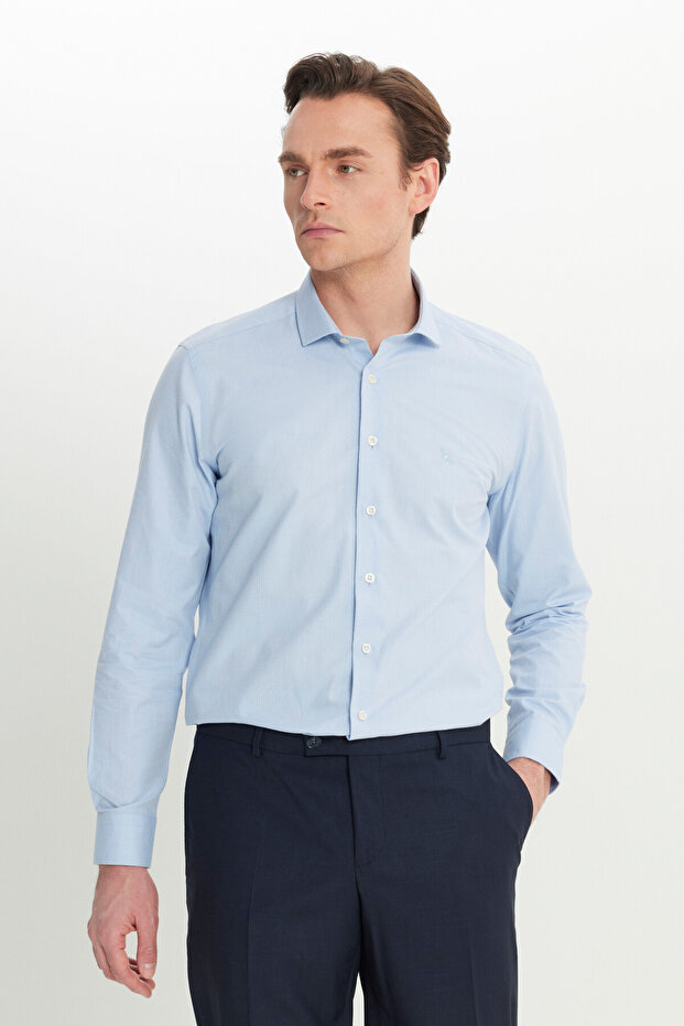Men's Blue Slim Fit Slim Fit Small Italian Collar Dobby Shirt