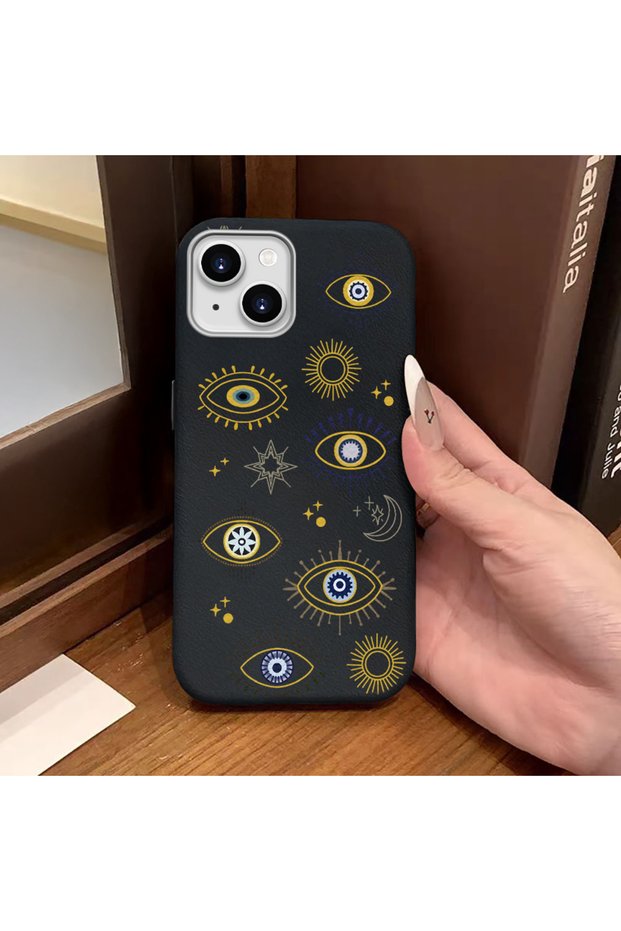 iPhone 13/14 Compatible Black Leather Textured Silicone Protects Camera Shock-Absorbing Case Evil Eye Bead