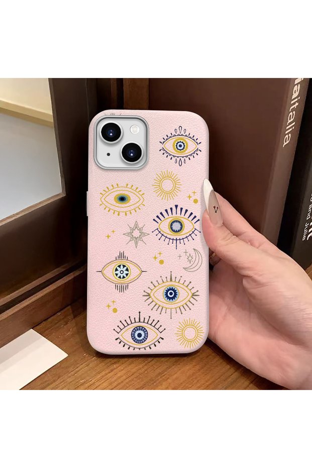 iPhone 13/14 Compatible Pink Leather Textured Silicone Protects Camera Shock-Absorbing Case Evil Eye Bead