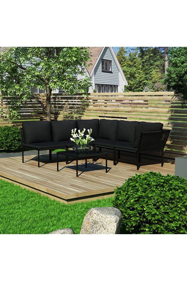6 Piece Garden Lounge Set with Cushions Black PVC