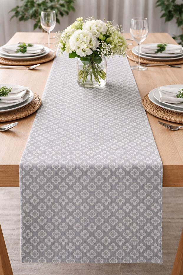 Premium Quality Stain-Resistant Fabric Gray Floral Pattern Table Runner Stylish Kitchen Living Room Dining Table Cover