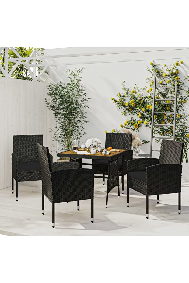 5 Piece Outdoor Dining Set Poly Rattan Black