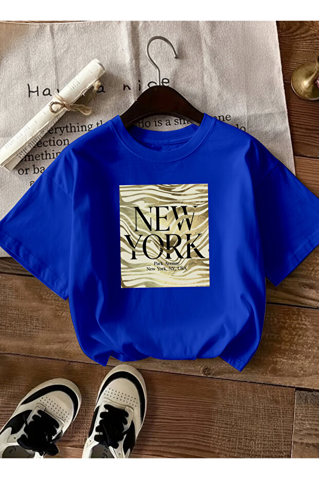 Women's Zebra Patterned New York Graphic Printed Cobalt Blue T-Shirt