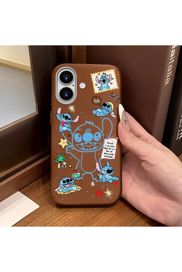 iPhone 16 Compatible Brown Leather Textured Silicone Protects Camera Shock-Absorbing Case Stitch