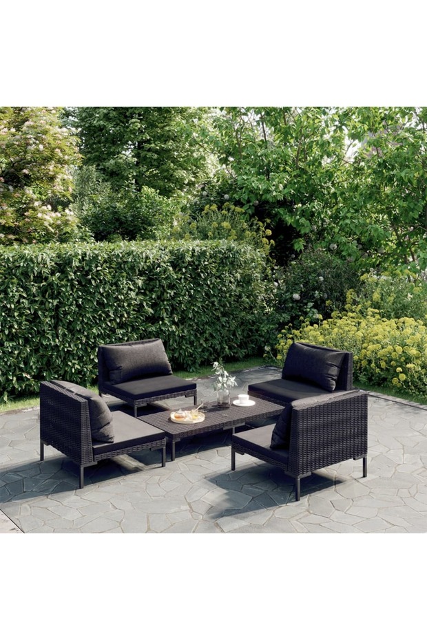 5 Piece Garden Lounge Set with Cushions Poly Rattan Dark Grey
