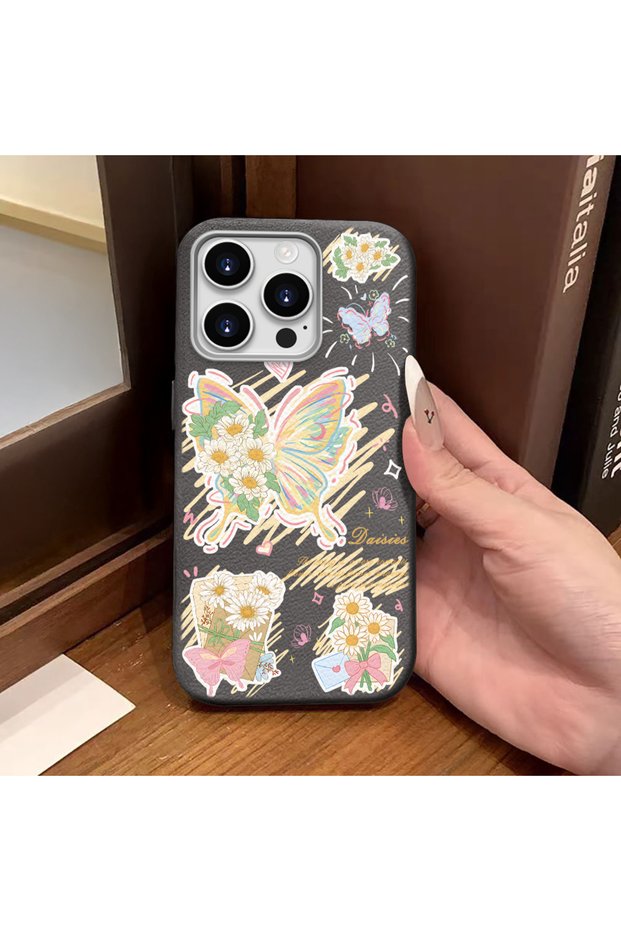 iPhone 15 Pro Compatible Gray Leather Textured Silicone Protects Camera Shock-Absorbing Case Butterfly