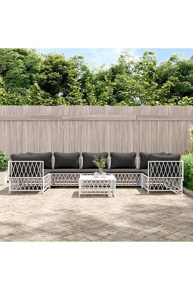 8 Piece Garden Lounge Set with Cushions White Steel