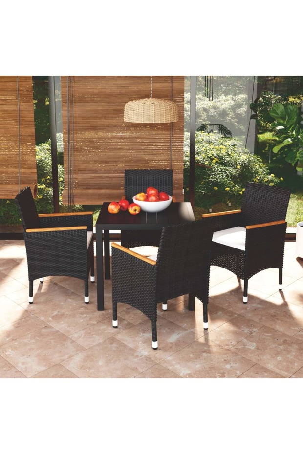 5 Piece Garden Dining Set with Cushions Poly Rattan Black
