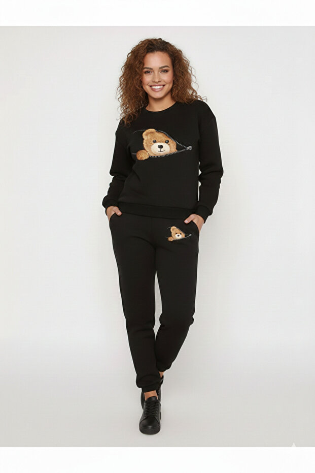 Women's Pocket Zipper Printed Crew Neck Bottom Top Oversized Black Gray Tracksuit Set