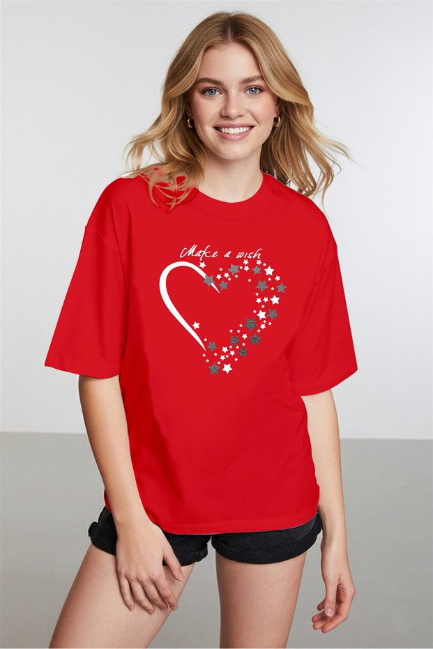 Women's Sparkling Star Detailed Crew Neck Red T-Shirt