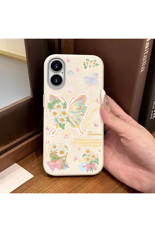 iPhone 16 Compatible White Leather Textured Silicone Protects Camera Shock-Absorbing Case Butterfly