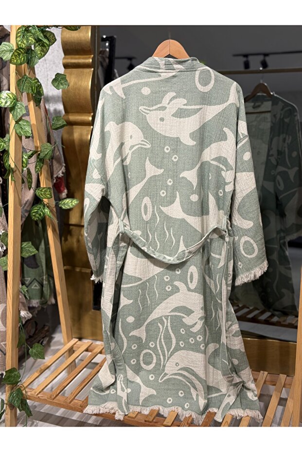 Muslin Kimono 100% Cotton Fish Patterned Bathrobe Kaftan Dressing Gown Mint Green