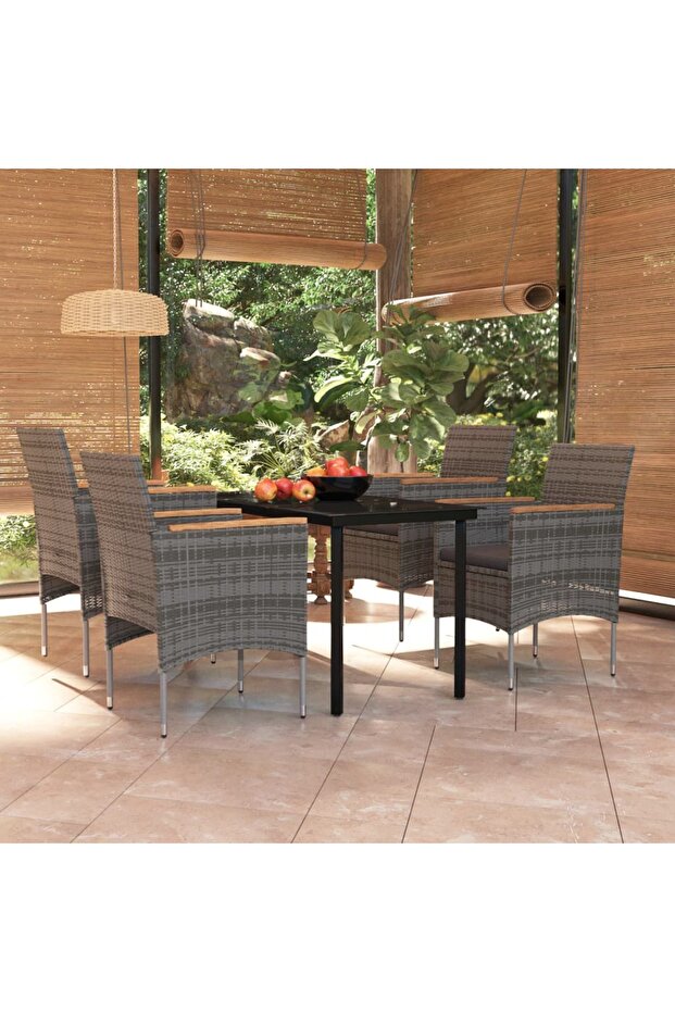 5 Piece Garden Dining Set with Cushions Grey and Black
