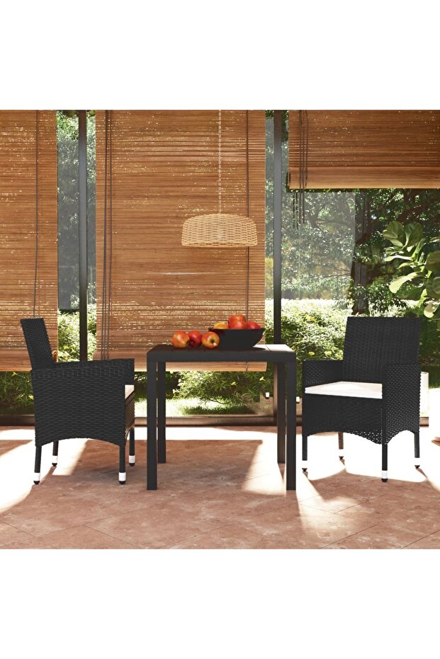 3 Piece Garden Dining Set with Cushions Poly Rattan Black