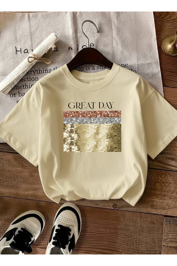 Women's Gold Sequin Embroidered Printed Crew Neck Beige T-Shirt