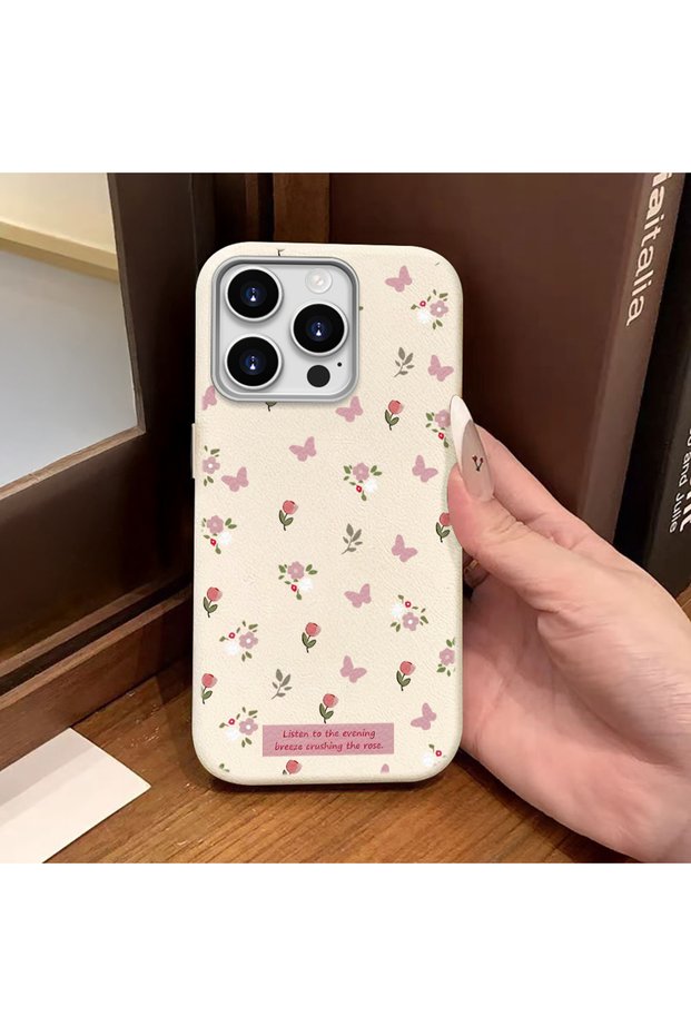 iPhone 15 Pro Compatible White Leather Textured Silicone Protects Camera Shock-Absorbing Case Flower