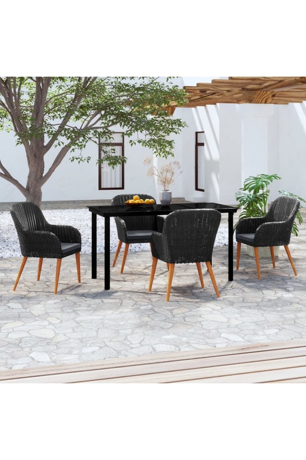 5 Piece Garden Dining Set with Cushions Black