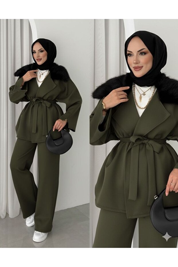 Belted Fur Detailed 2-Yarn Hijab Set – Khaki Stylish Two-Piece Set