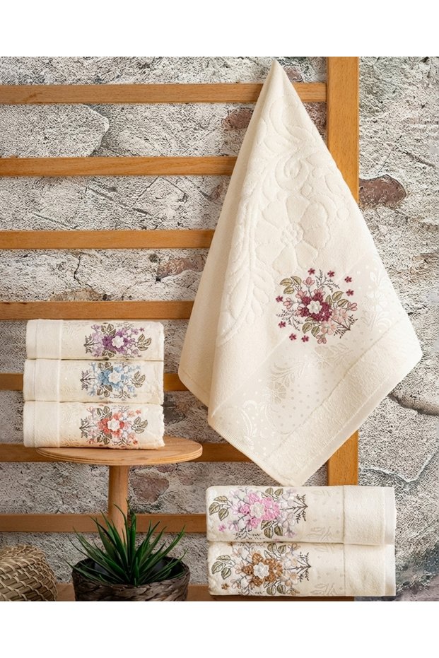 Buldan Production Dowry Embroidered Ela Velvet Cream 6-Piece Kitchen Towel Set | 30X50
