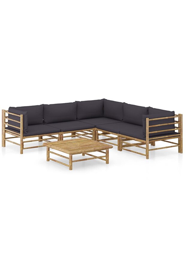 6 Piece Garden Lounge Set with Dark Grey Cushions Bamboo