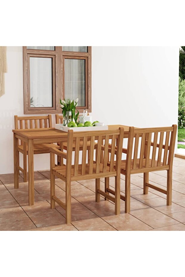 5 Piece Garden Dining Set 180x90 cm Solid Teak Wood