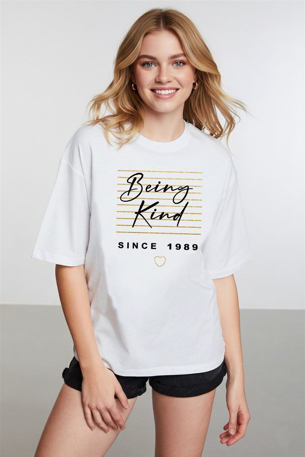 Women's Gold Gilt Line Print Detailed White T-Shirt