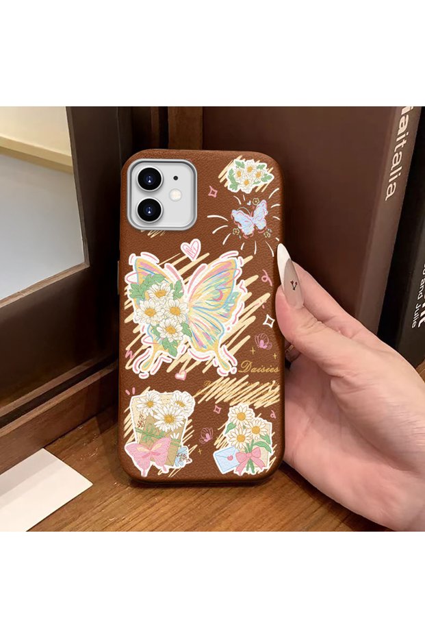iPhone 12/12 Pro Compatible Brown Leather Textured Silicone Protects Camera Shock-Absorbing Case Butterfly