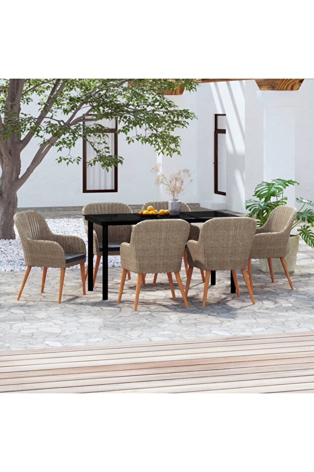7 Piece Garden Dining Set with Cushions Brown