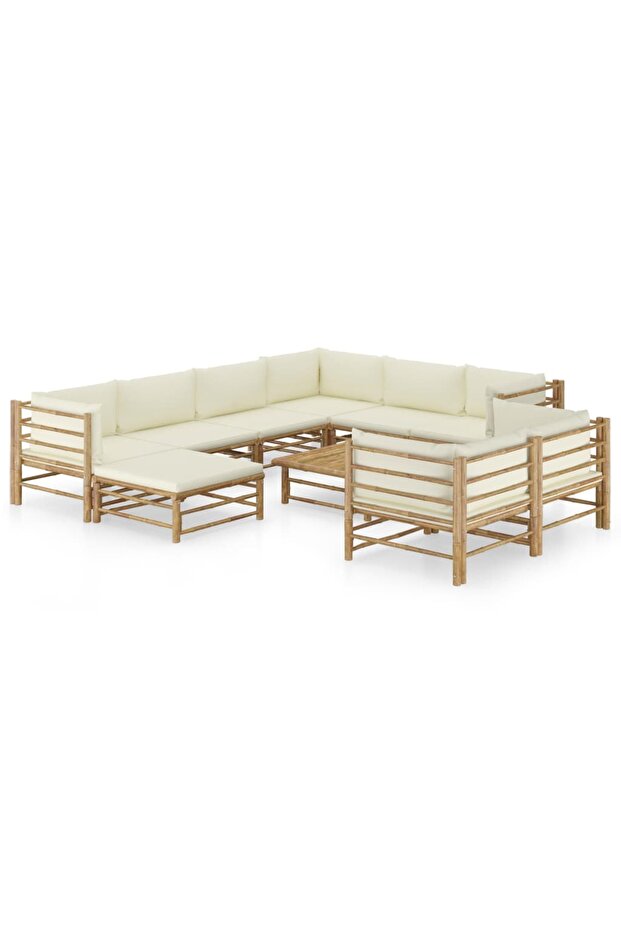 10 Piece Garden Lounge Set with Cream White Cushions Bamboo