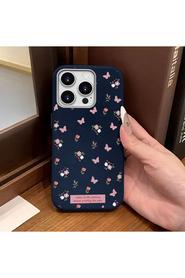 iPhone 15 Pro Compatible Blue Leather Textured Silicone Protects Camera Shock-Absorbing Case Flower